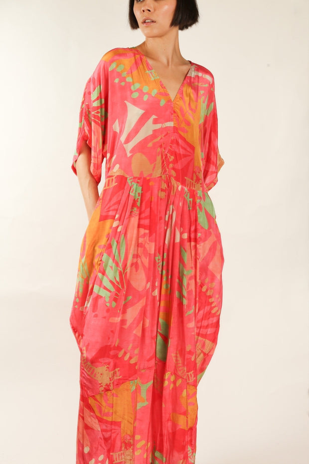 BLOCK PRINT SILK KAFTAN DRESS LIA - sustainably made MOMO NEW YORK sustainable clothing, kaftan slow fashion