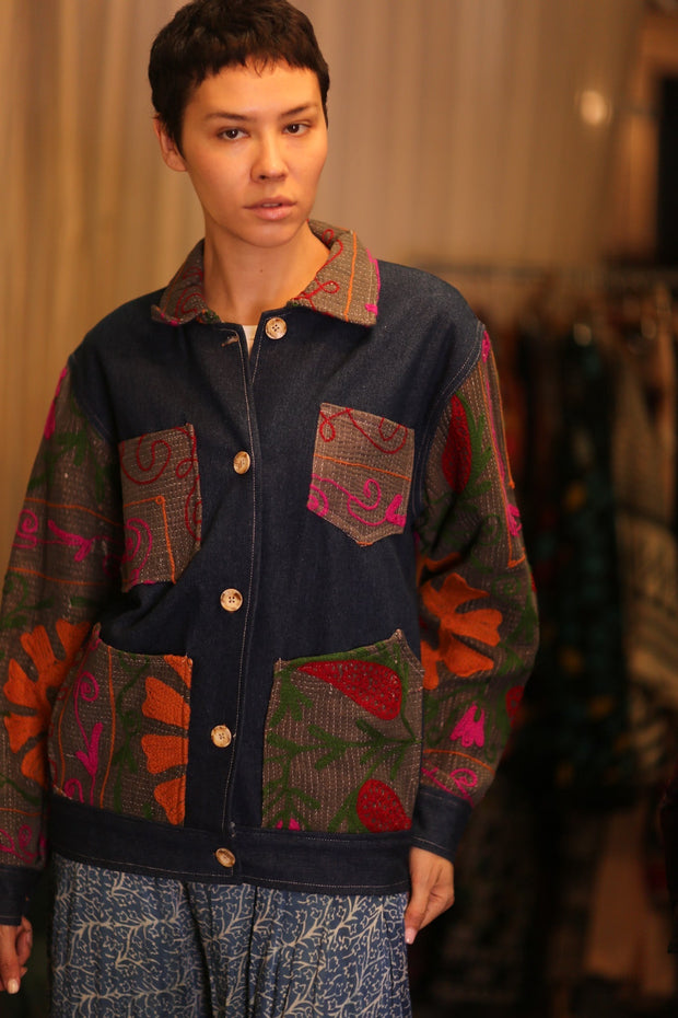 DENIM JACKET PATCHWORK MULA - sustainably made MOMO NEW YORK sustainable clothing, coatandjacket slow fashion