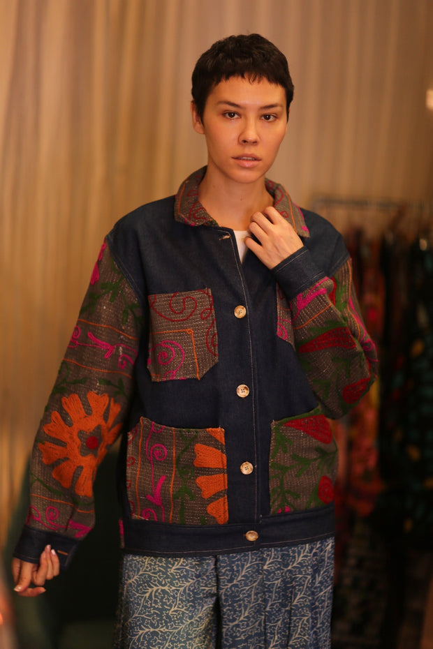 DENIM JACKET PATCHWORK MULA - sustainably made MOMO NEW YORK sustainable clothing, coatandjacket slow fashion
