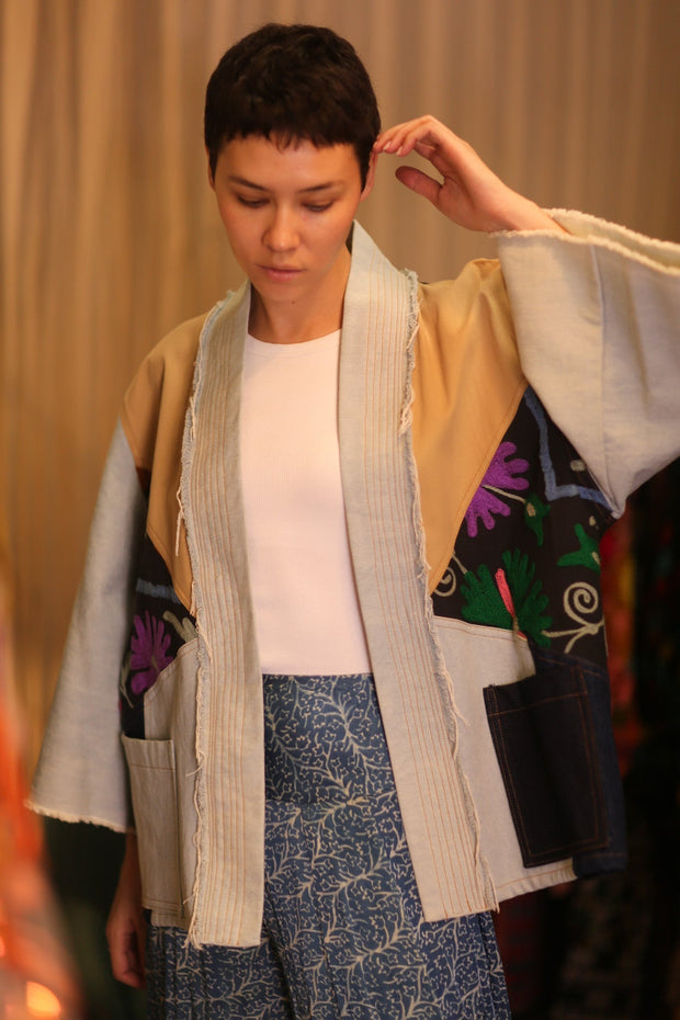 DENIM PATCHWORK KIMONO LYKE - sustainably made MOMO NEW YORK sustainable clothing, coatandjacket slow fashion