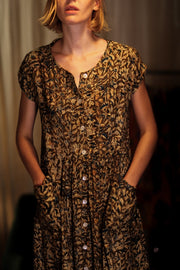 EDITH SILK DRESS GARDEN BEIGE - sustainably made MOMO NEW YORK sustainable clothing, Boho Chic Dress slow fashion