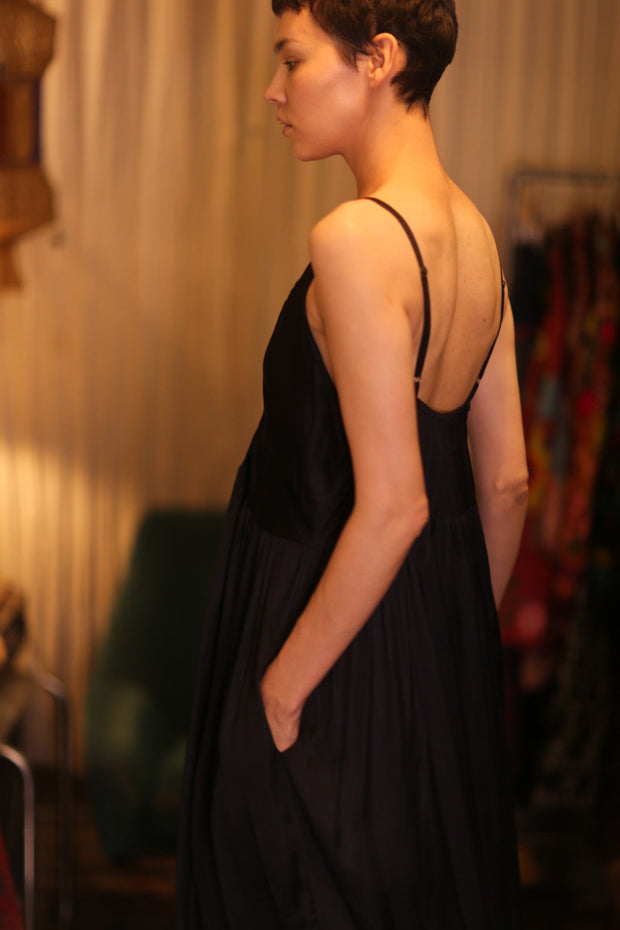 LILY SILK DRESS SOLID BLACK - sustainably made MOMO NEW YORK sustainable clothing, Boho Chic Dress slow fashion