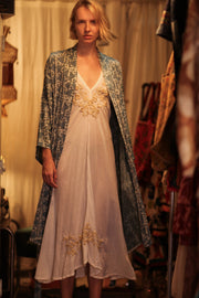 OLIVIA SILK KIMONO GEOMETRIC BLUE - sustainably made MOMO NEW YORK sustainable clothing, new slow fashion