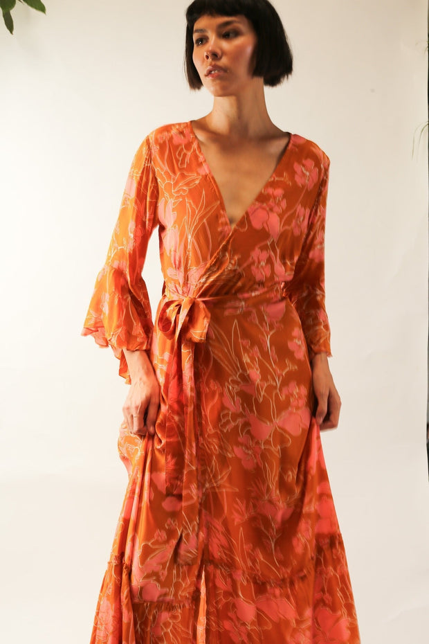 ORANGE FLOWER SILK WRAP DRESS - sustainably made MOMO NEW YORK sustainable clothing, new slow fashion