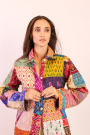 PATCHWORK SILK COAT HILA - sustainably made MOMO NEW YORK sustainable clothing, kantha slow fashion