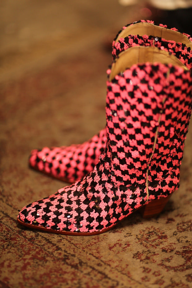 PINK BLACK CHECKERED WESTERN BOOT CRUSU - sustainably made MOMO NEW YORK sustainable clothing, boots slow fashion