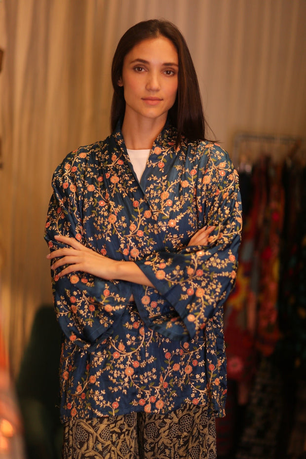 SHORT EMBROIDERED SILK KIMONO ANNA - sustainably made MOMO NEW YORK sustainable clothing, kimono slow fashion