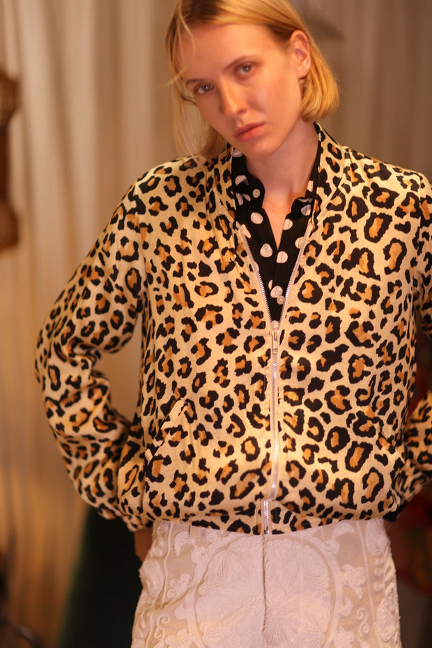 SILK BOMBER JACKET ANCHA LEO PRINT - sustainably made MOMO NEW YORK sustainable clothing, coatandjacket slow fashion