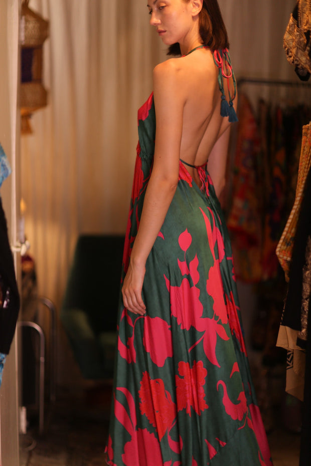 SILK DRESS HANNAH PINK GREEN TROPIC - sustainably made MOMO NEW YORK sustainable clothing, dresskaftan slow fashion