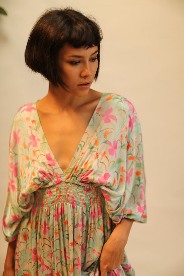 SILK DRESS PINA CREAM FLORAL - sustainably made MOMO NEW YORK sustainable clothing, dress slow fashion