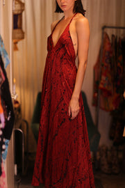 SILK HAND BLOCK PRINT DRESS HANNAH RED ARTIST - sustainably made MOMO NEW YORK sustainable clothing, dresskaftan slow fashion