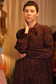 SILK MAXI BUTTONED DRESS LOA BROWNIE - sustainably made MOMO NEW YORK sustainable clothing, Boho Chic Dress slow fashion