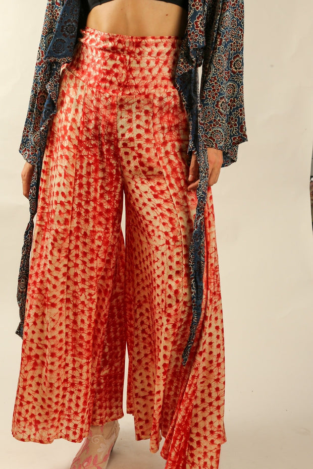 SILK PINK DOT WIDE LEG PANTS - sustainably made MOMO NEW YORK sustainable clothing, pants slow fashion