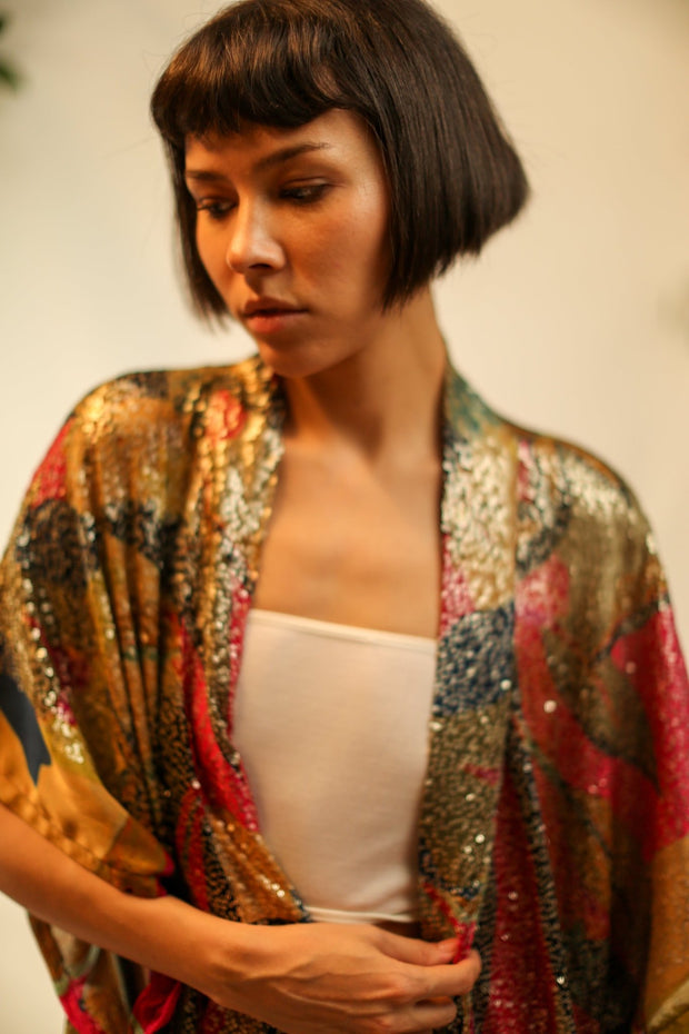 SILK SEQUIN EMBROIDERED KIMONO AVAPOEL - sustainably made MOMO NEW YORK sustainable clothing, slow fashion