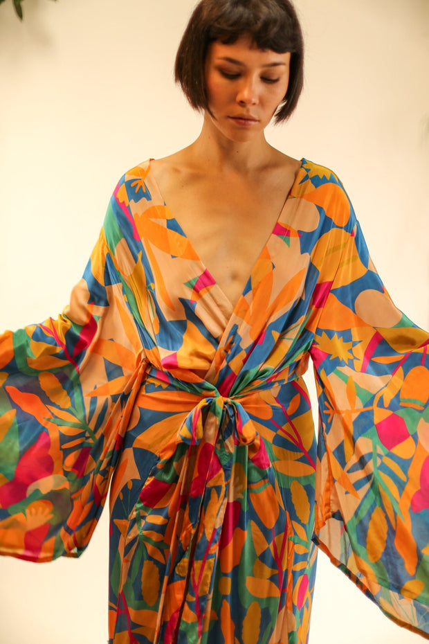 XL HAND BLOCK SILK KIMONO TYLET - sustainably made MOMO NEW YORK sustainable clothing, Kimono slow fashion