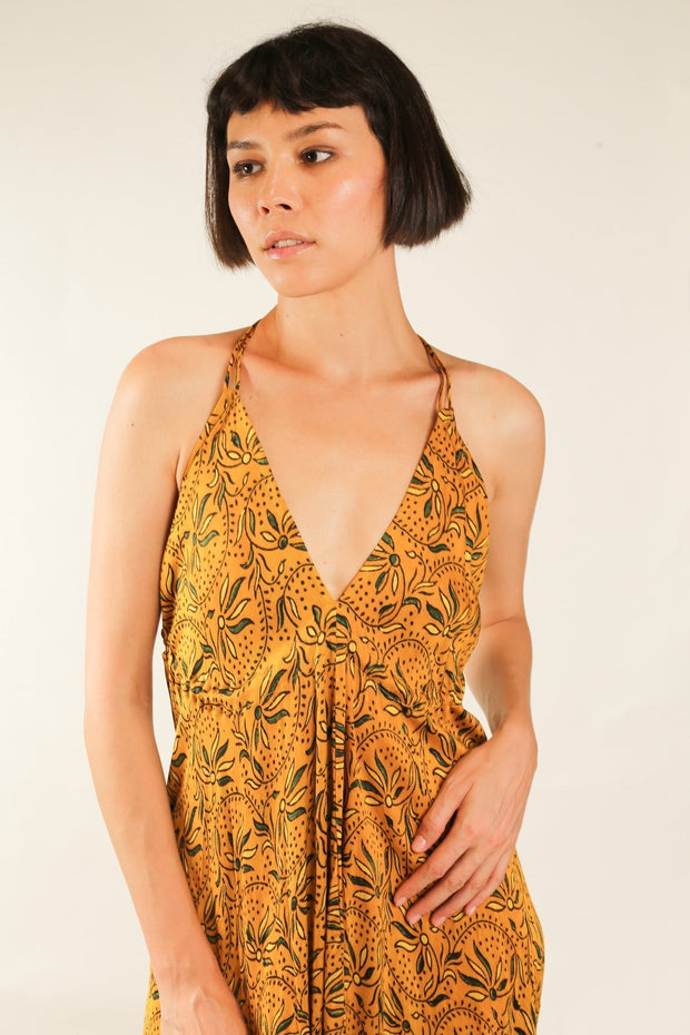 YELLOW SILK OPEN BACK SHOULDER DRESS FRANKIS - sustainably made MOMO NEW YORK sustainable clothing, dress slow fashion