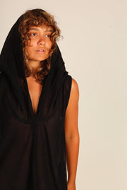 BLACK COTTON HOODIE DRESS SHARA - sustainably made MOMO NEW YORK sustainable clothing, Kimono slow fashion