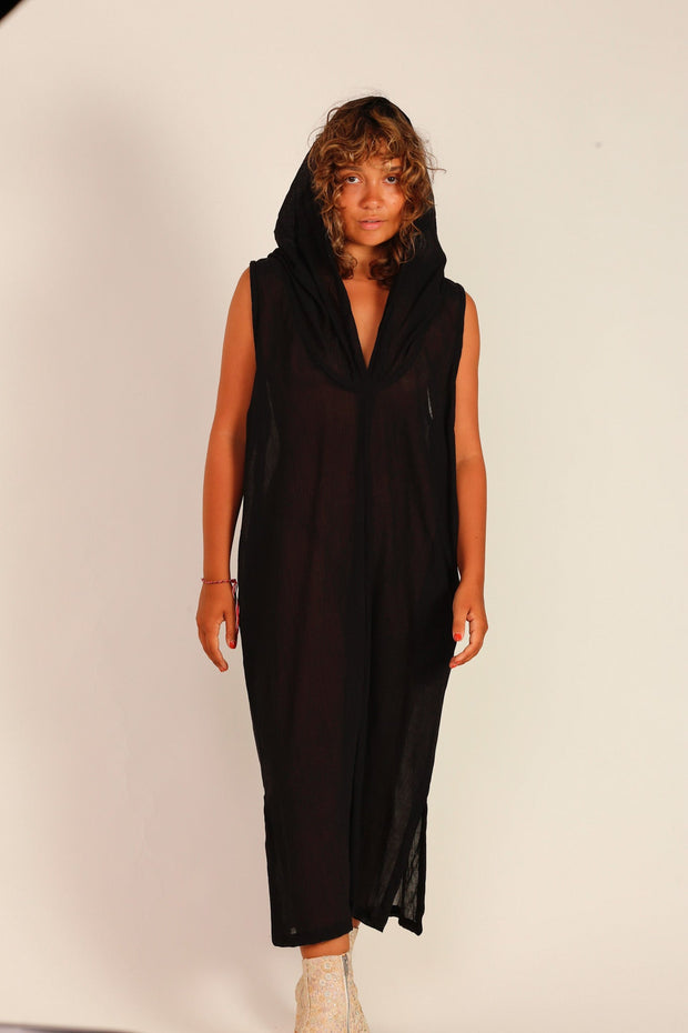 BLACK COTTON HOODIE DRESS SHARA - sustainably made MOMO NEW YORK sustainable clothing, Kimono slow fashion