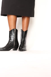 BLACK CROCODILE EMBOSSED MID HIGH BOOTS FLOR - sustainably made MOMO NEW YORK sustainable clothing, boots slow fashion