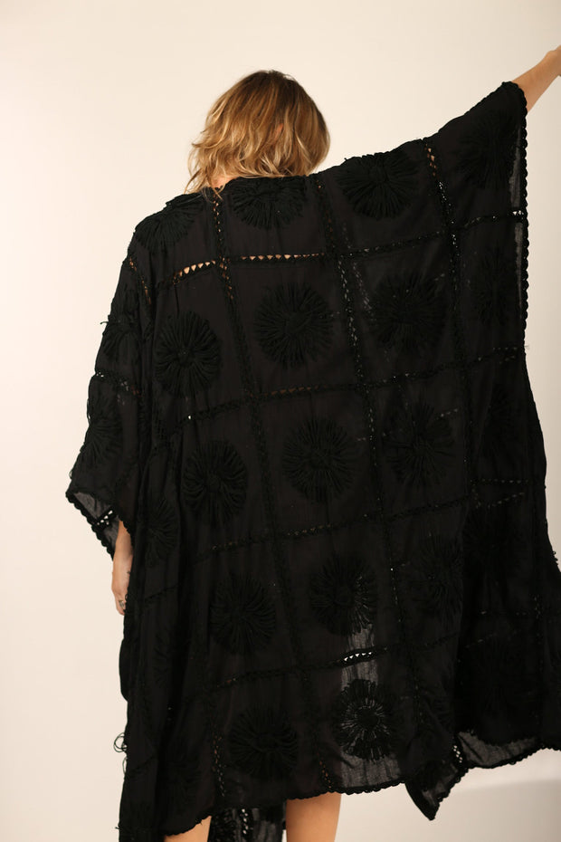 BLACK EMBROIDERED KIMONO DUSTER FLORA CROCHET DETAIL - sustainably made MOMO NEW YORK sustainable clothing, Kimono slow fashion