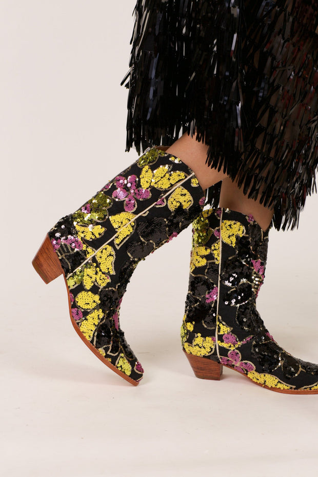 BLACK EMBROIDERED SEQUIN WESTERN BOOTS WEHRL - sustainably made MOMO NEW YORK sustainable clothing, boots slow fashion