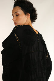 BLACK KIMONO EMBROIDERED FLORA CROCHET - sustainably made MOMO NEW YORK sustainable clothing, crochet slow fashion