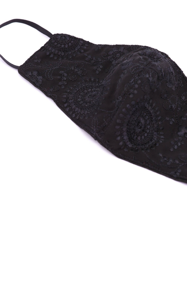 BLACK SILK COTTON EMBROIDERED FACE MASK ASLI - sustainably made MOMO NEW YORK sustainable clothing, free people slow fashion