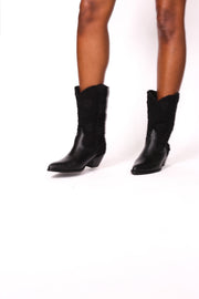 BLACK SILK COTTON EMBROIDERED LEATHER BOOTS DORO - sustainably made MOMO NEW YORK sustainable clothing, boots slow fashion