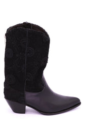 BLACK SILK COTTON EMBROIDERED LEATHER BOOTS DORO - sustainably made MOMO NEW YORK sustainable clothing, boots slow fashion