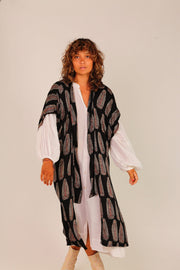 BLACK SILK FEATHER PRINT KIMONO WYNN - sustainably made MOMO NEW YORK sustainable clothing, Kimono slow fashion