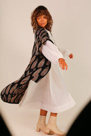 BLACK SILK FEATHER PRINT KIMONO WYNN - sustainably made MOMO NEW YORK sustainable clothing, Kimono slow fashion