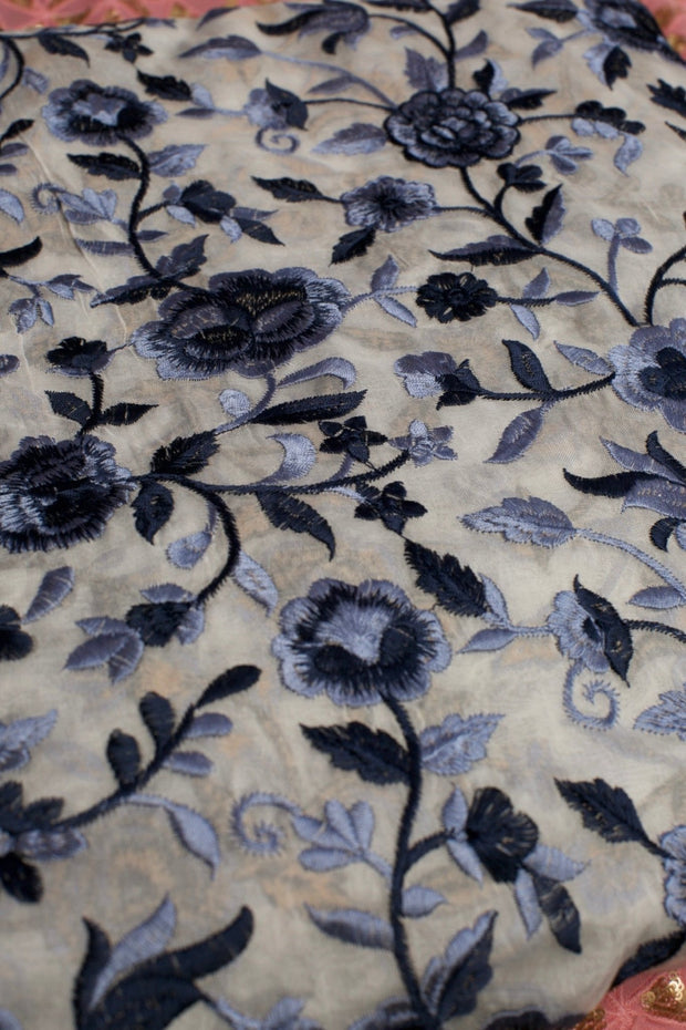 BLUE FLOWER EMBROIDERED SILK B32-8 - sustainably made MOMO NEW YORK sustainable clothing, fabric slow fashion