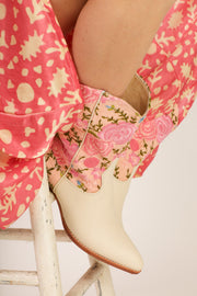 CREAM LEATHER PINK SILK FLOWER EMBROIDERED LA - sustainably made MOMO NEW YORK sustainable clothing, boots slow fashion