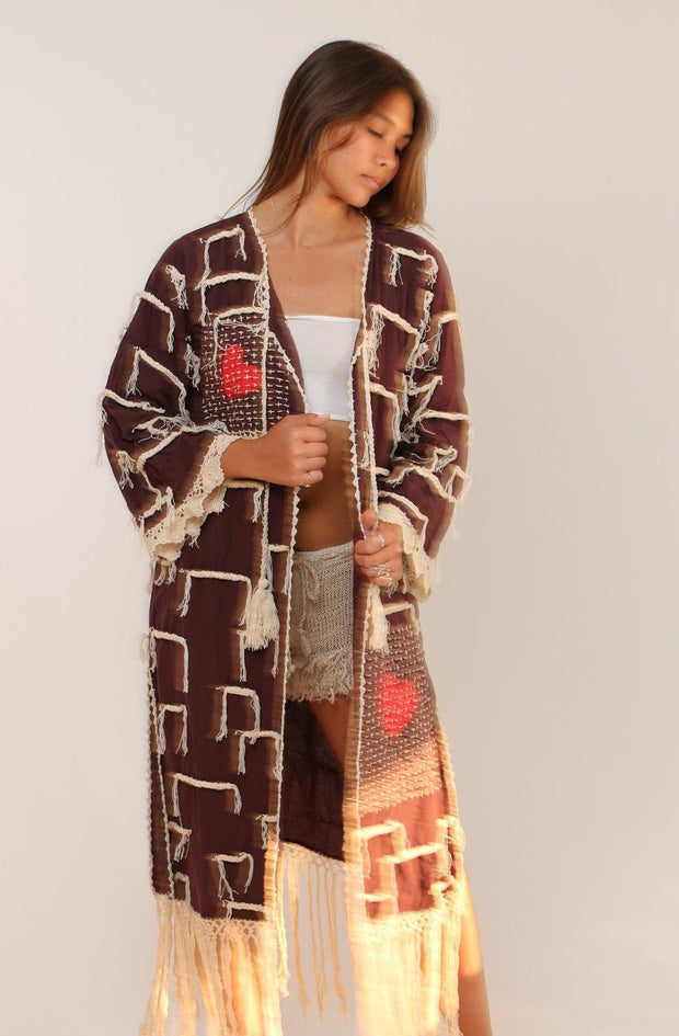 CROCHET FRINGE KIMONO DUSTER AMELIA - sustainably made MOMO NEW YORK sustainable clothing, crochet slow fashion