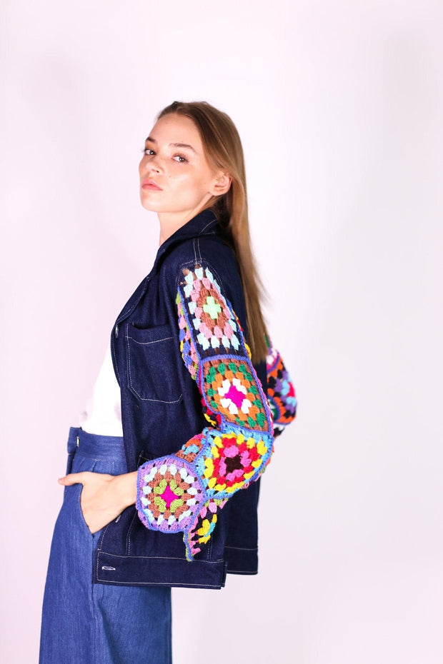 DENIM CROCHET JACKET VICKY - sustainably made MOMO NEW YORK sustainable clothing, crochet slow fashion