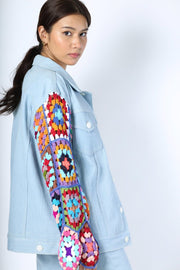 DENIM CROCHET SLEEVE JACKET NIALA - sustainably made MOMO NEW YORK sustainable clothing, crochet slow fashion