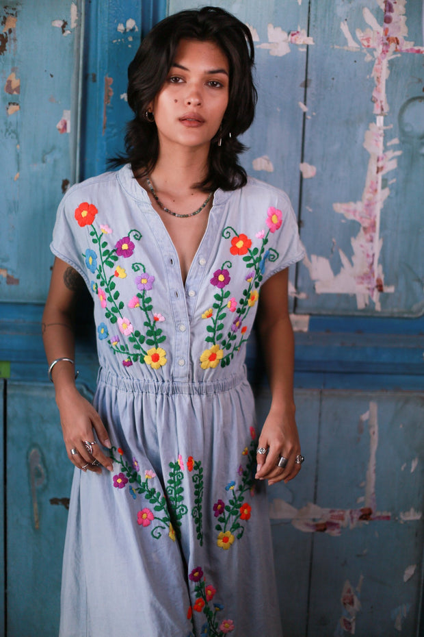 DENIM EMBROIDERED DRESS JENNA - sustainably made MOMO NEW YORK sustainable clothing, kaftan slow fashion