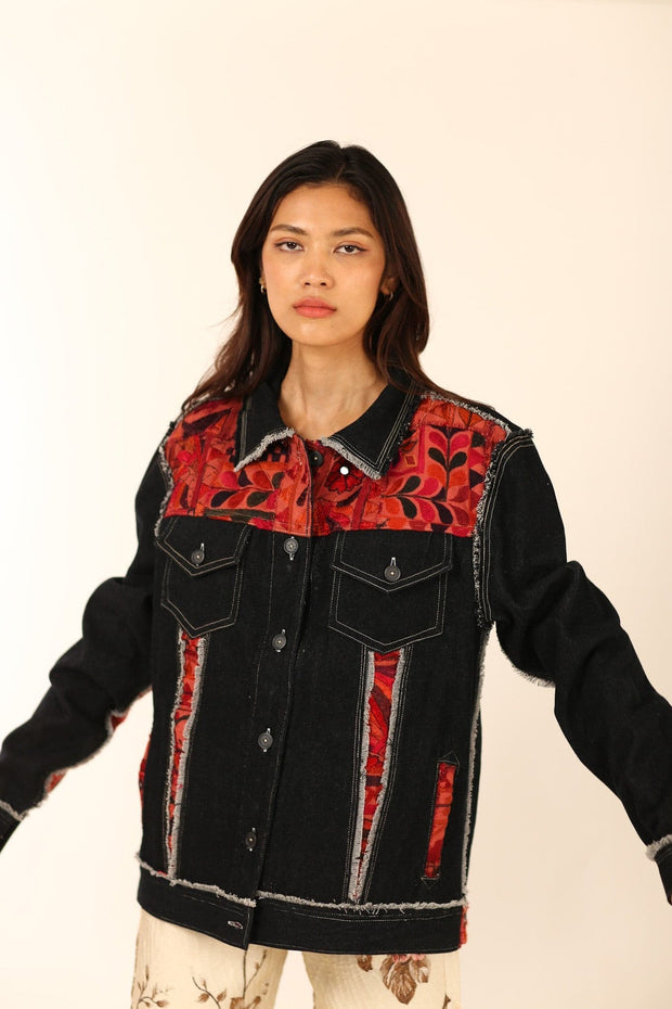 DENIM EMBROIDERED PATCHWORK JACKET FARSIS - sustainably made MOMO NEW YORK sustainable clothing, denim slow fashion