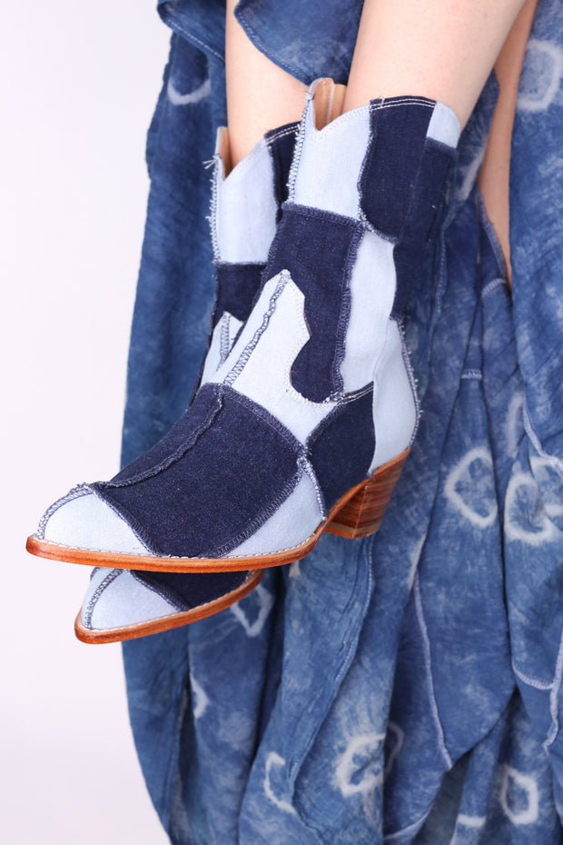 DENIM PATCHWORK BOOTS ANNIKA - sustainably made MOMO NEW YORK sustainable clothing, boots slow fashion