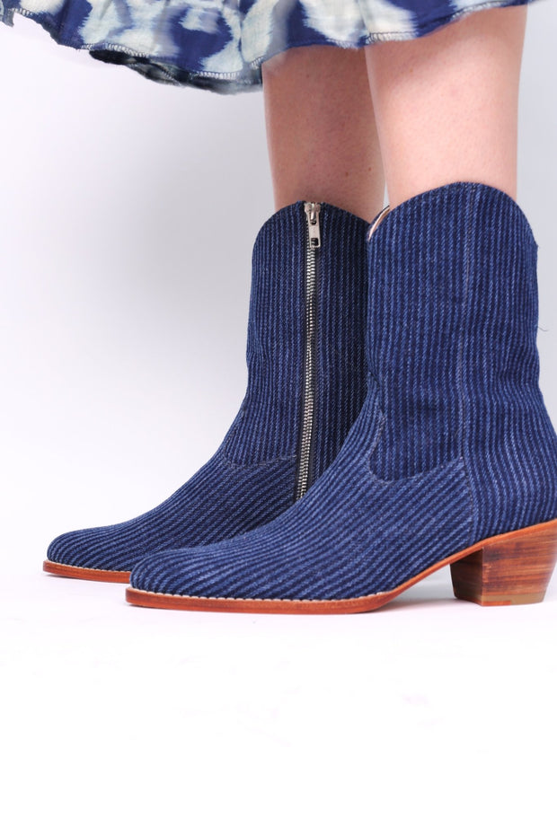 DENIM STRIPE ANKLE BOOTS TUZIA - sustainably made MOMO NEW YORK sustainable clothing, boots slow fashion