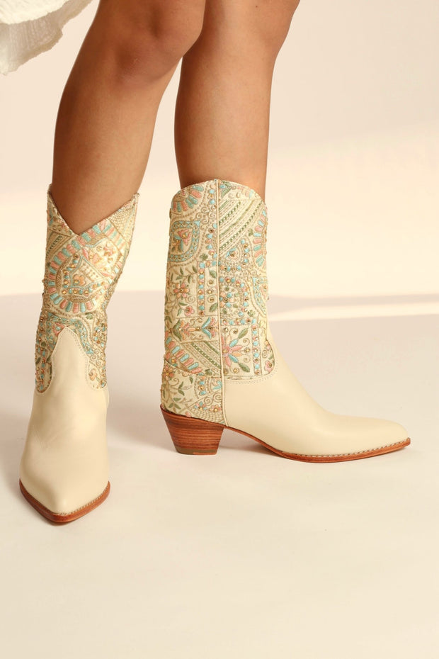 EMBELLISHED EMBROIDERED SILK WESTERN BOOTS MILTON - sustainably made MOMO NEW YORK sustainable clothing, boots slow fashion