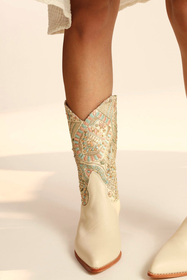 EMBELLISHED EMBROIDERED SILK WESTERN BOOTS MILTON - sustainably made MOMO NEW YORK sustainable clothing, boots slow fashion