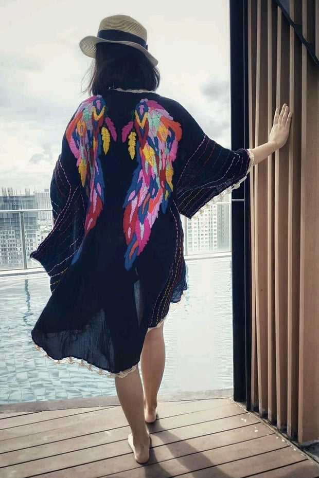 EMBROIDERED ANGLE WINGS KIMONO BILA - sustainably made MOMO NEW YORK sustainable clothing, Kimono slow fashion