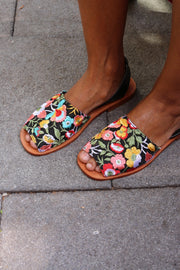 EMBROIDERED BLACK LEATHER SANDALS FRANCES - sustainably made MOMO NEW YORK sustainable clothing, mules slow fashion