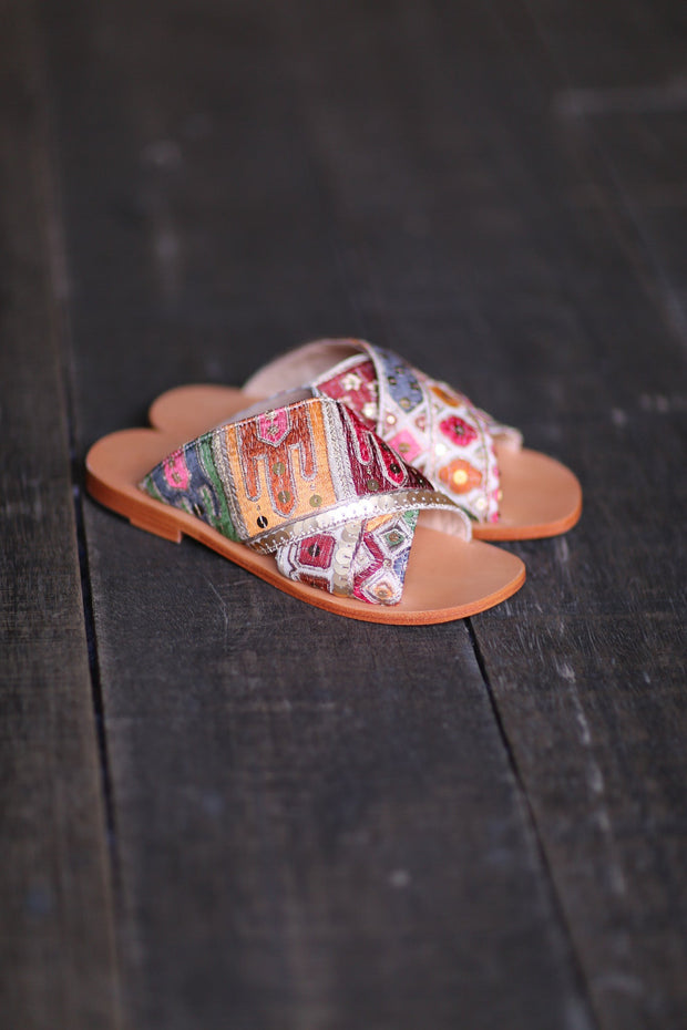 EMBROIDERED LEATHER SLIP ON SANDALS TRIBECA - sustainably made MOMO NEW YORK sustainable clothing, sandals slow fashion