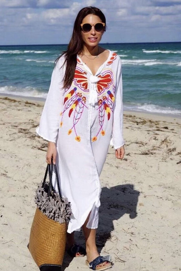 EMBROIDERED LONG SLEEVE KAFTAN DRESS CHAGALL - sustainably made MOMO NEW YORK sustainable clothing, kaftan slow fashion