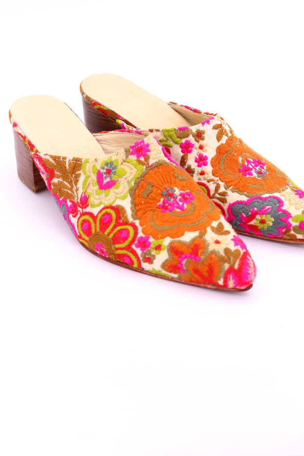 EMBROIDERED HEELED MULES ELLIE - sustainably made MOMO NEW YORK sustainable clothing, mules slow fashion