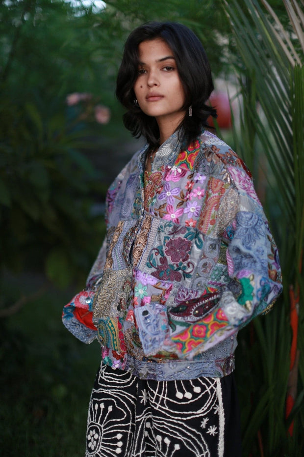 Embroidered Patchwork Bomber Jacket Serena - sustainably made MOMO NEW YORK sustainable clothing, offer slow fashion