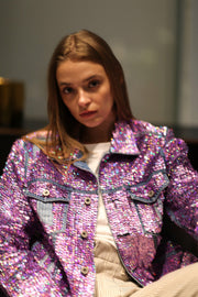 EMBROIDERED SEQUIN DENIM JACKET DEMI - sustainably made MOMO NEW YORK sustainable clothing, resort2023 slow fashion