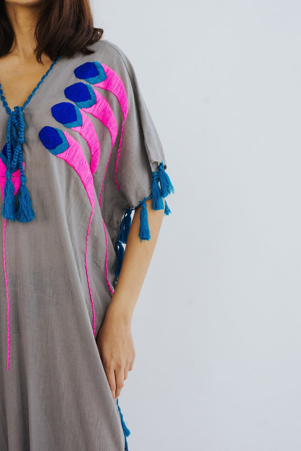 Feather Embroidered Caftan Tunic Shiona - sustainably made MOMO NEW YORK sustainable clothing, Boho Chic slow fashion